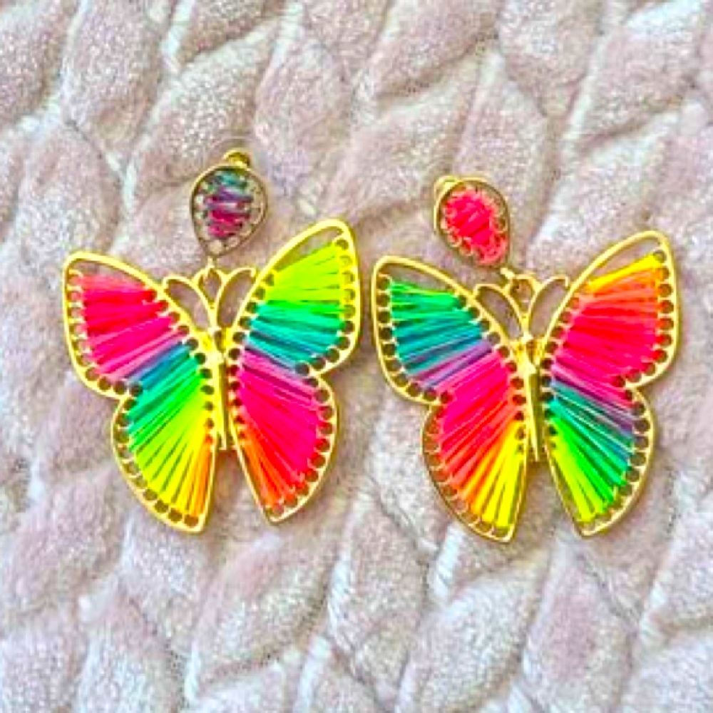 Vibrantly Fun🌈⭐️🦋Neon Bright Rainbow Butterfly Hand Woven Statement Earr… - Picture 4 of 7